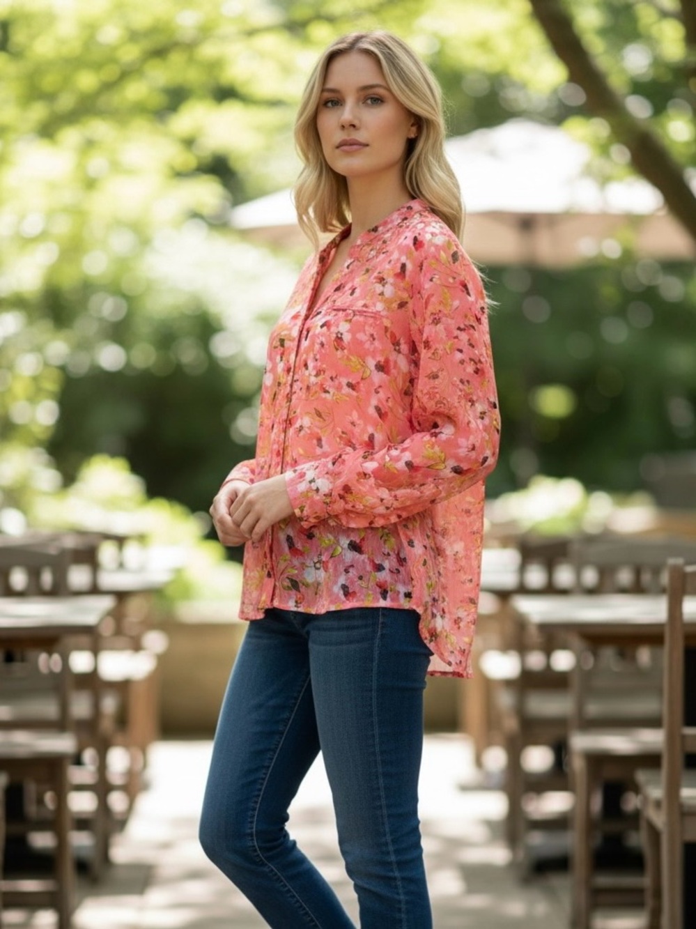 Kut from the Kloth Pink Floral Split-Neck Long Sleeve Sheer Blouse Sz XS